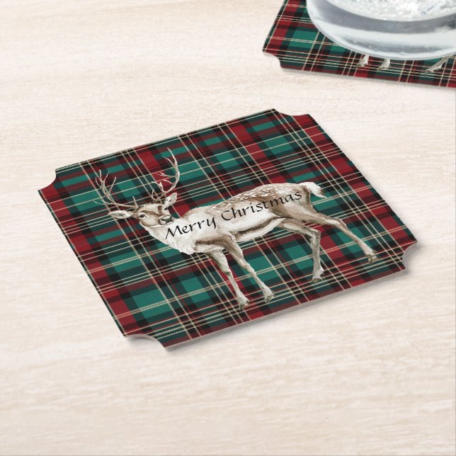 Dessous-de-verre En Papier Pays Red Green Plaid Christmas Deer (Incliné)