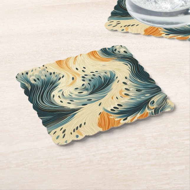 Dessous-de-verre En Papier Peacock à crème bleue orange Abstraite (Incliné)