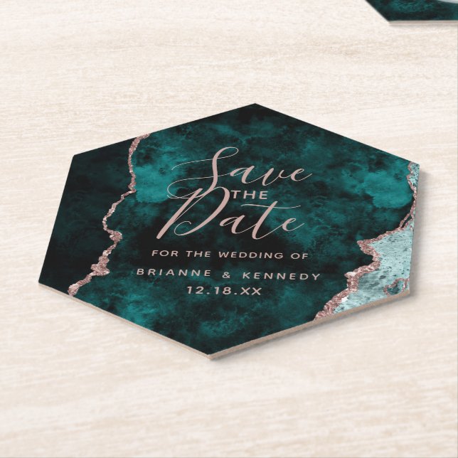 Dessous-de-verre En Papier Peacock Green Rose Gold Agate Marbre Enregistrer l (Incliné)