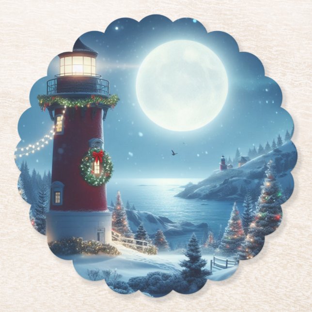 Dessous-de-verre En Papier Phare de Noël nautique (Devant)