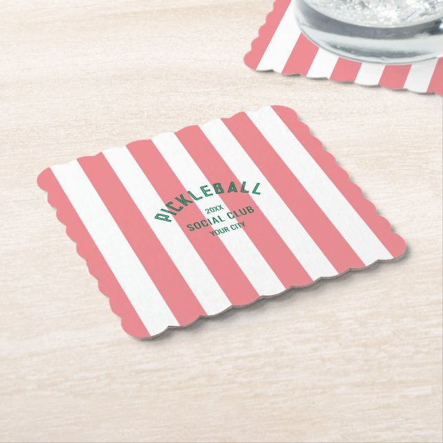 Dessous-de-verre En Papier Pickleball Social Club Pink Cabana Stripe Party (Incliné)