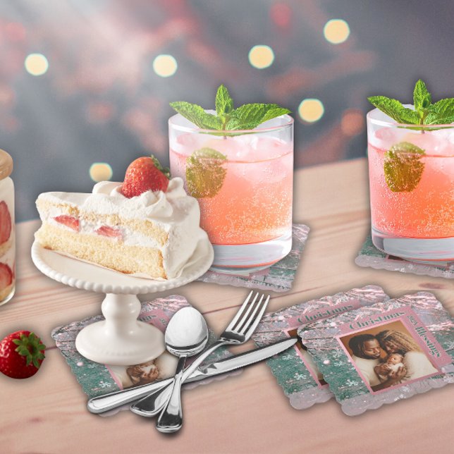Dessous-de-verre En Papier Pink Winter Christmas Family Photo (Créateur téléchargé)