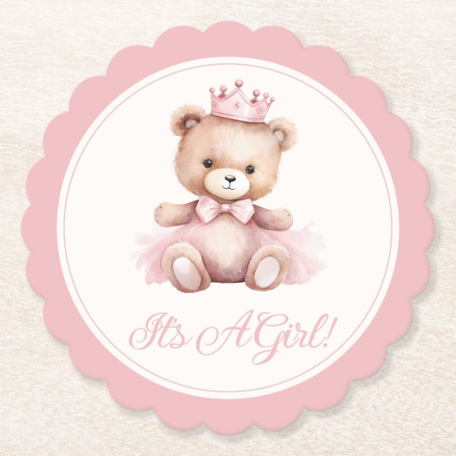 Dessous-de-verre En Papier Princesse rose ours Bébé Baby shower fille (Devant)