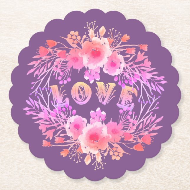 Dessous-de-verre En Papier Purple LOVE dans l'aquarelle Fleurs (Devant)