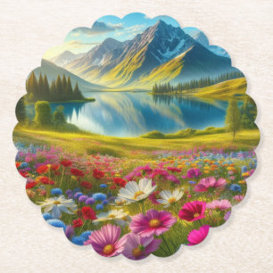 Dessous-de-verre En Papier Ressort coloré/lac de montagne fleuri