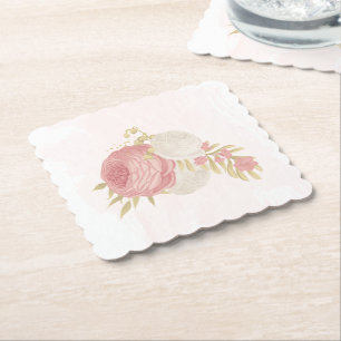 Dessous-de-verre En Papier Romantique rose & fleurs blanches or