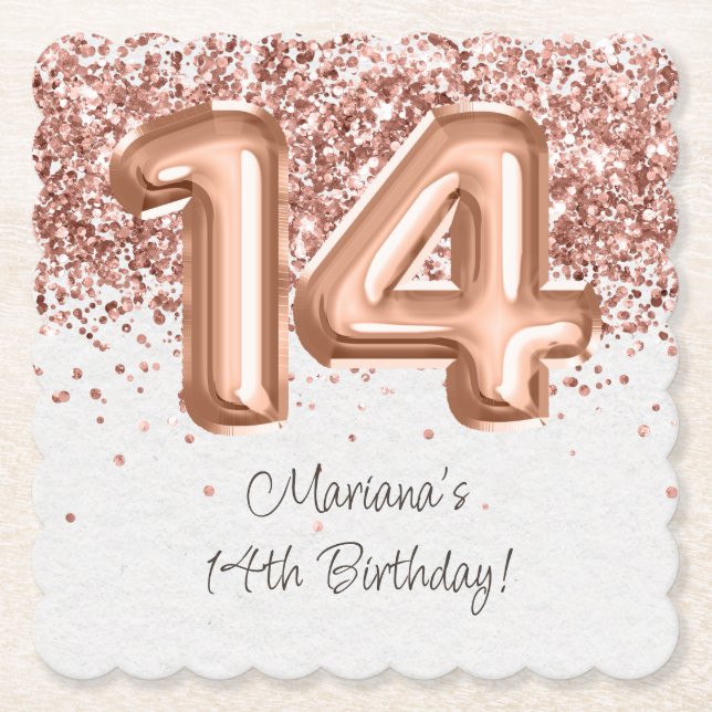 Dessous-de-verre En Papier Rose Gold 14e fête d'anniversaire (Devant)