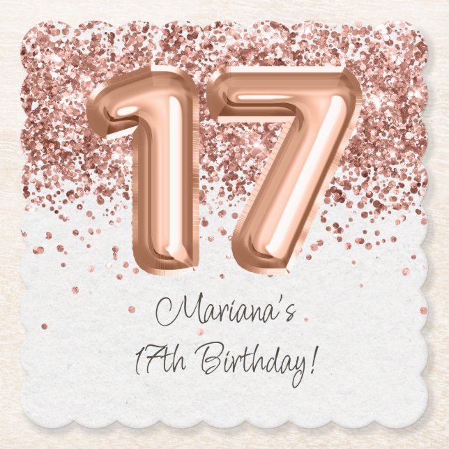 Dessous-de-verre En Papier Rose Gold 17e fête d'anniversaire (Devant)