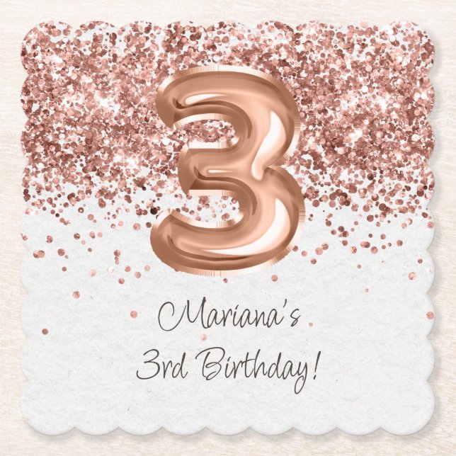 Dessous-de-verre En Papier Rose Gold 3e fête d'anniversaire (Devant)