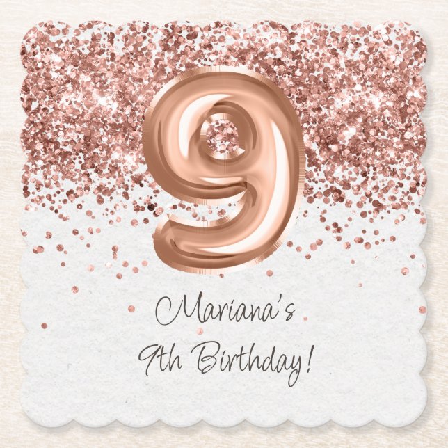 Dessous-de-verre En Papier Rose Gold 9e fête d'anniversaire (Devant)