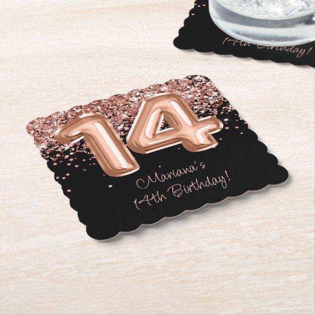Dessous-de-verre En Papier Rose Gold Black 14e fête d'anniversaire (Incliné)