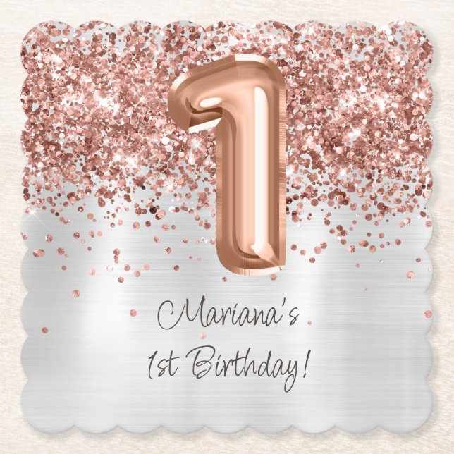Dessous-de-verre En Papier Rose Gold Silver 1ère fête d'anniversaire (Devant)