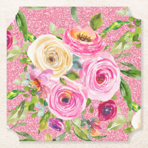 Dessous-de-verre En Papier Roses d'aquarelle en Parties scintillant rose et c