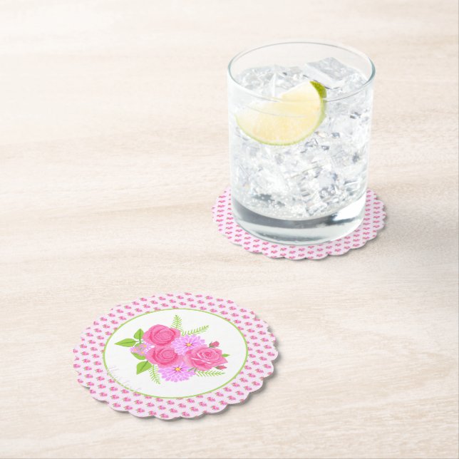 Dessous-de-verre En Papier Roses et Dahlias roses (En situation)