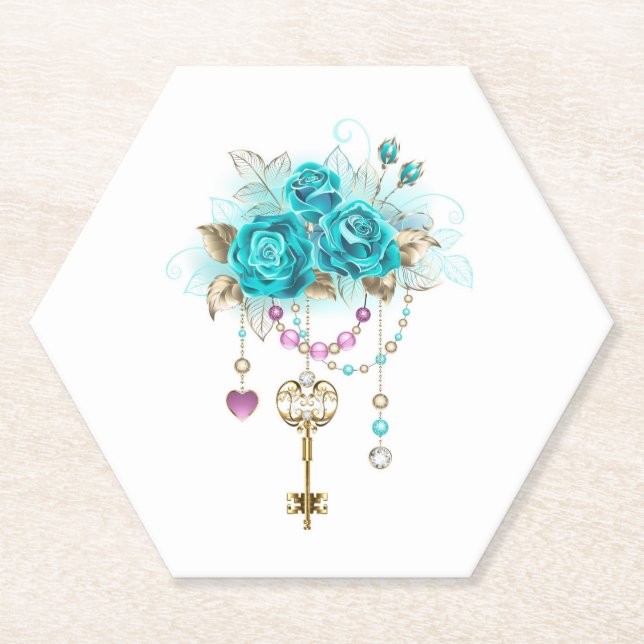 Dessous-de-verre En Papier Roses turquoise avec touches (Devant)