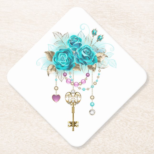 Dessous-de-verre En Papier Roses turquoise avec touches (Devant)