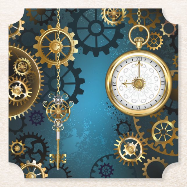 Dessous-de-verre En Papier Steampunk Arrière - plan turquoise avec Gears (Devant)