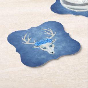 Dessous-de-verre En Papier Tête de cerf blanc mystique aux yeux bleus Roses b