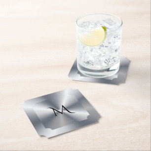 Dessous-de-verre En Papier Texture argent métallique monogramme personnalisé