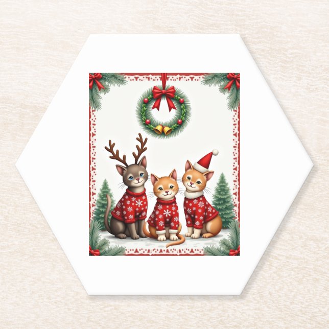 Dessous-de-verre En Papier Three Cat Funny Christmas Cat Ugly Xmas Sweater Me (Devant)