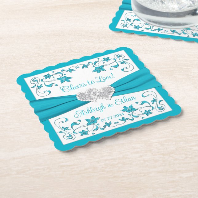 Dessous-de-verre En Papier Turquoise, Blanc, Silver Love Hearts Mariage (Incliné)