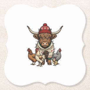 Dessous-de-verre En Papier Vache Highland et poulets de Noël Gravure vintage