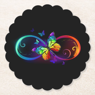 Dessous-de-verre En Papier Vibrant infinity with rainbow butterfly on black