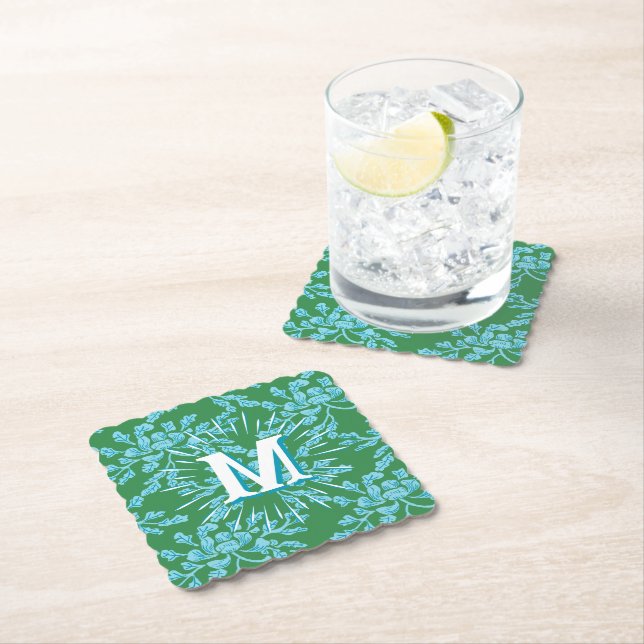 Dessous-de-verre En Papier Winding Peony Woodcut in Green + Aqua Personalized (En situation)
