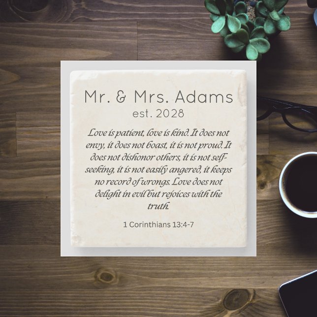 Dessous-de-verre En Pierre 1 Corinthiens 13 M. Mme Surname Est. Année Mariage (1 Corinthians 13 Mr Mrs Surname Est. Year Wedding Stone Coaster)
