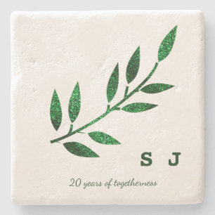 Dessous-de-verre En Pierre 20e anniversaire de mariage Monogramme Vert Émerau