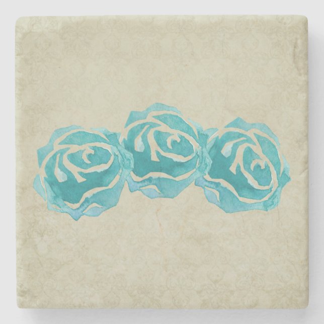 Dessous-de-verre En Pierre 3 Roses Turquoises d'aquarelle (Devant)