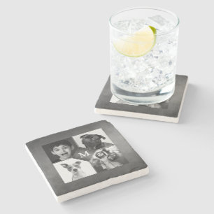 Dessous-de-verre En Pierre 4 Photos de famille Monogramme tableau noir blanc