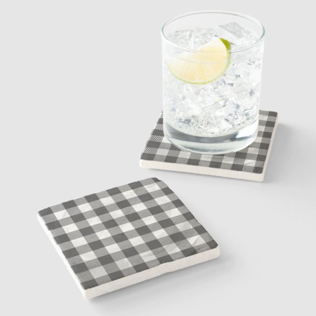 Dessous-de-verre En Pierre à damiers Plaid Noir Et Blanc (Côté)