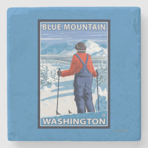 Dessous-de-verre En Pierre Admirer de skieur - montagne bleue, Washington