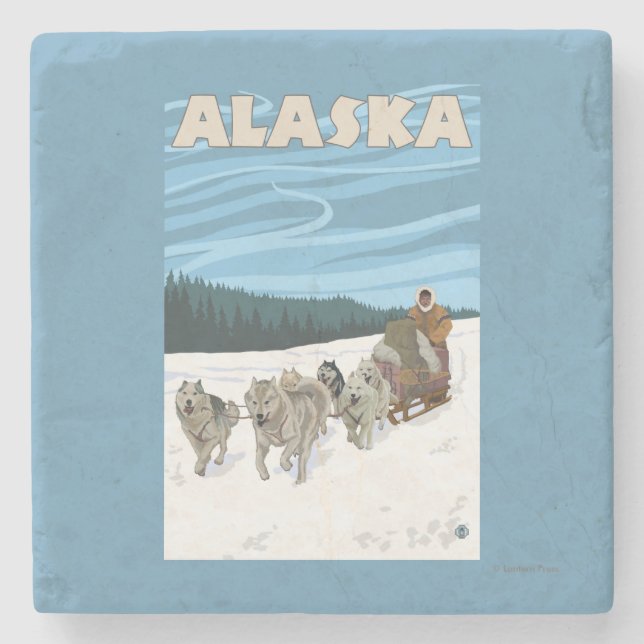 Dessous-de-verre En Pierre Affiche de Vintage voyage d'AlaskaDogsledding (Devant)