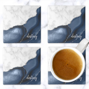 Dessous-de-verre En Pierre Agate Bleu Marine Marbre Blanc Signature Argent