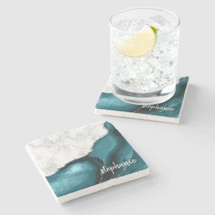 Dessous-de-verre En Pierre Agate Bleu Sarcelle Marbre Blanc Signature Argent
