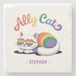 Dessous-de-verre En Pierre Ally Cat - Cute White Cat LGBTQ Pride (2)