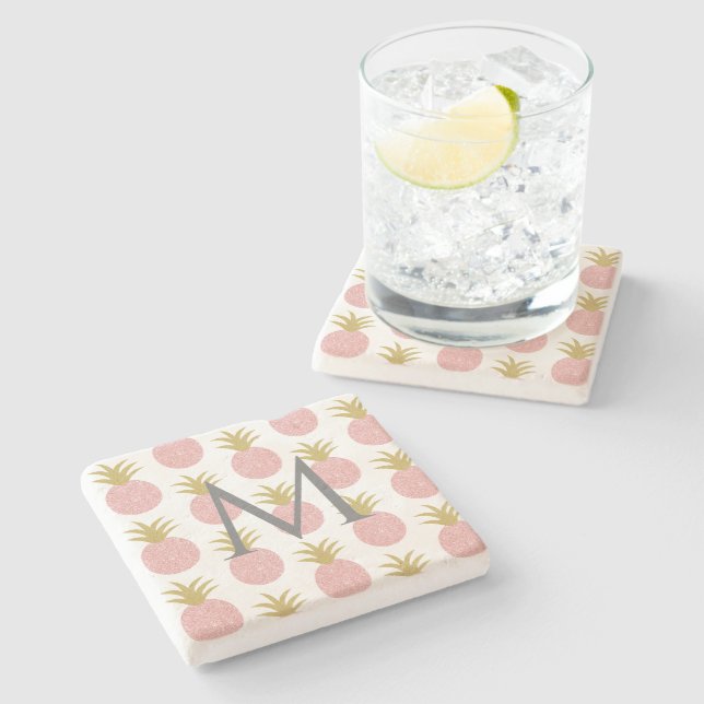 Dessous-de-verre En Pierre Ananas rose monogramme (Côté)