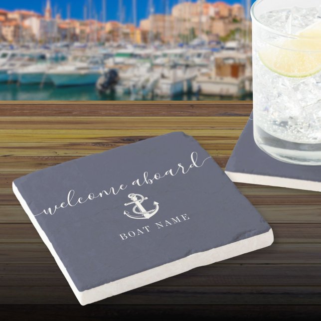 Dessous-de-verre En Pierre Ancre nautique Nom du bateau Marine Blue Welcome A (Nautical Anchor Boat Name Navy Blue Welcome Aboard Stone Coaster)