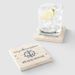 Dessous-de-verre En Pierre Ancre nautique Wheel Beach House Travertine
