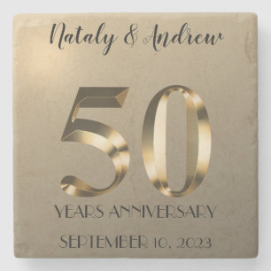 Dessous-de-verre En Pierre Anniversaire du 50e Mariage d'or métallique