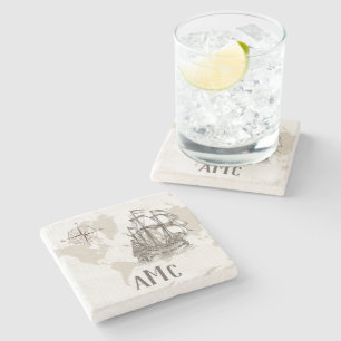 Dessous-de-verre En Pierre Antique voilier avec Monogramme