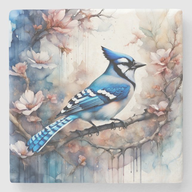 Dessous-de-verre En Pierre Aquarelle bleu Jay Cherry Blossoms (Devant)