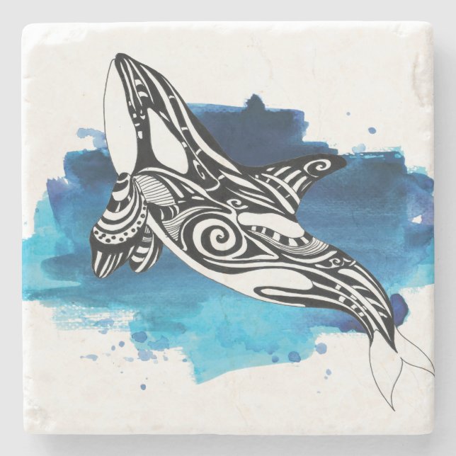 Dessous-de-verre En Pierre Aquarelle bleu Orca Whale (Devant)