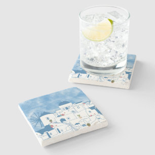 Dessous-de-verre En Pierre Aquarelle bleue et blanche Santorin Grèce