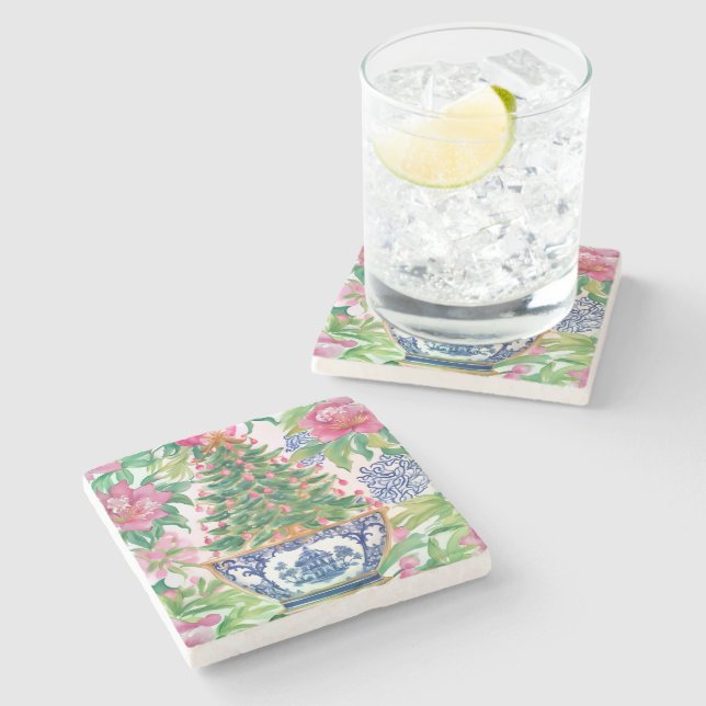 Dessous-de-verre En Pierre Aquarelle Chinoiserie Arbre de Noël (Côté)