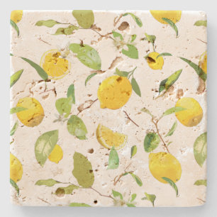 Dessous-de-verre En Pierre Aquarelle Citron et Feuilles 2