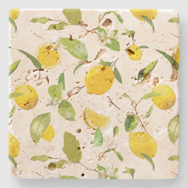 Dessous-de-verre En Pierre Aquarelle Citron et Feuilles 2 (Devant)