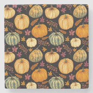 Dessous-de-verre En Pierre Aquarelle Citrouilles : Automne Motif sans couture